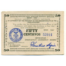 Банкнота 50 сентаво 1944 года Филиппины (Минданао, Администрация США) (аверс)