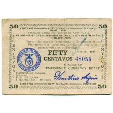 Банкнота 50 сентаво 1944 года Филиппины (Минданао, Администрация США) (аверс)