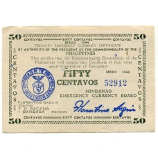 Банкнота 50 сентаво 1944 года Филиппины (Минданао, Администрация США) (аверс)