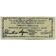 Банкнота 20 сентаво 1943 года Филиппины (Минданао, Администрация США)