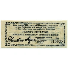 Банкнота 20 сентаво 1943 года Филиппины (Минданао, Администрация США)