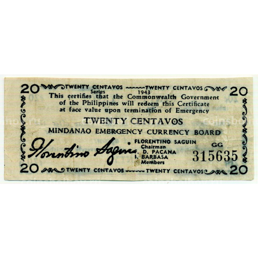 Банкнота 20 сентаво 1943 года Филиппины (Минданао, Администрация США)