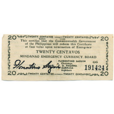 Банкнота 20 сентаво 1943 года Филиппины (Минданао, Администрация США)