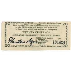 Банкнота 20 сентаво 1943 года Филиппины (Минданао, Администрация США)