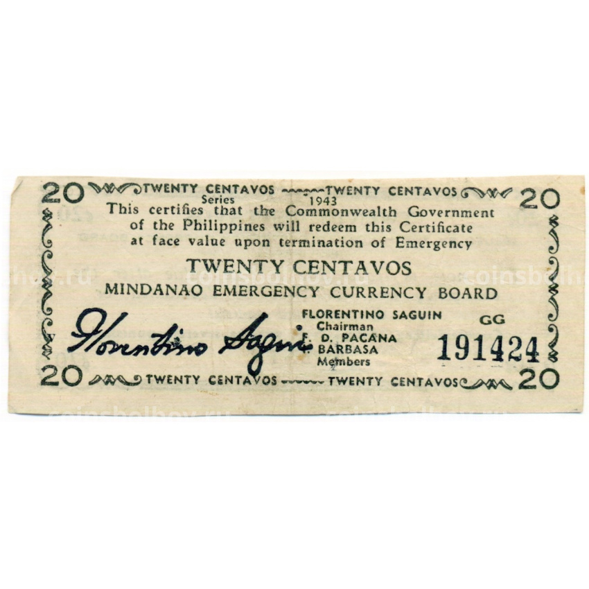Банкнота 20 сентаво 1943 года Филиппины (Минданао, Администрация США)
