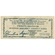 Банкнота 20 сентаво 1943 года Филиппины (Минданао, Администрация США) (аверс)