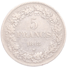 Монета 5 франков 1848 года Бельгия (аверс)