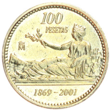 Монета 100 песет 2001 года Испания «132 года песете» (Цветное покрытие) (аверс)