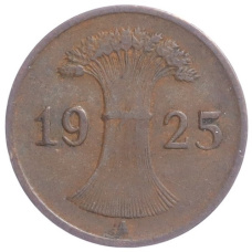 Монета 1 рейхспфенниг 1925 года A Германия (аверс)