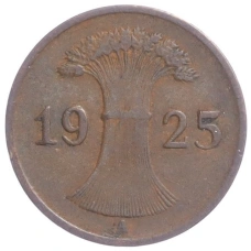 Монета 1 рейхспфенниг 1925 года A Германия (аверс)