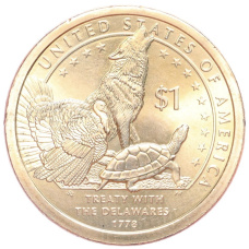 Монета 1 доллар 2013 года P США «Коренные американцы (Сакагавея) — Договор с Делаварами» (аверс)