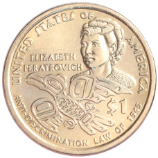 Монета 1 доллар 2020 года D США «Коренные американцы (Сакагавея) — Элизабет Ператрович и Закон о борьбе с дискриминацией 1945 года» (аверс)