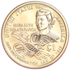 Монета 1 доллар 2020 года D США «Коренные американцы (Сакагавея) — Элизабет Ператрович и Закон о борьбе с дискриминацией 1945 года» (аверс)