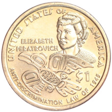 Монета 1 доллар 2020 года D США «Коренные американцы (Сакагавея) — Элизабет Ператрович и Закон о борьбе с дискриминацией 1945 года» (аверс)