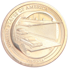 Монета 1 доллар 2021 года P США «Американские инновации — Мост-тоннель через Чесапикский залив» (Штат Вирджиния) (аверс)