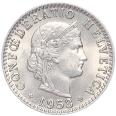 Монета 20 раппенов 1953 года Швейцария (аверс)