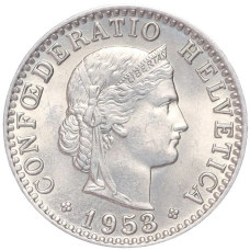 Монета 20 раппенов 1953 года Швейцария (аверс)