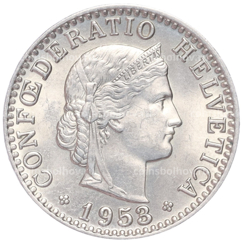 Монета 20 раппенов 1953 года Швейцария