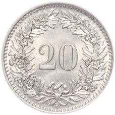 Монета 20 раппенов 1953 года Швейцария (реверс)