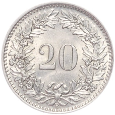 Монета 20 раппенов 1953 года Швейцария (реверс)