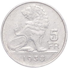 Монета 5 франков 1938 года Бельгия Надпись «BELGIE — BELGIQUE», гурт с изображением короны (аверс)