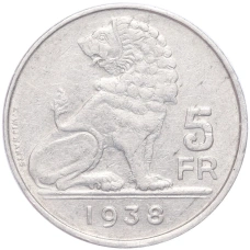 Монета 5 франков 1938 года Бельгия Надпись «BELGIE — BELGIQUE», гурт с изображением короны (аверс)
