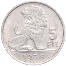 Монета 5 франков 1938 года Бельгия Надпись «BELGIE — BELGIQUE», гурт с изображением звезды (аверс)