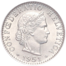 Монета 20 раппенов 1951 года Швейцария (аверс)