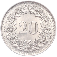 Монета 20 раппенов 1951 года Швейцария (реверс)