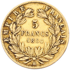 Монета 5 франков 1864 года BB Франция (аверс)