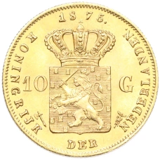 Монета 10 гульденов 1875 года Нидерланды (аверс)