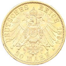 Монета 20 марок 1894 года F Германия (Вюртемберг) (реверс)