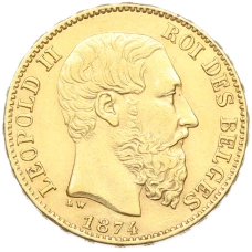 Монета 20 франков 1874 года Бельгия (аверс)
