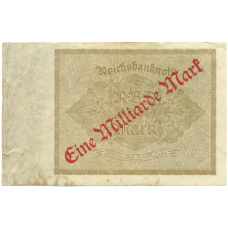 Банкнота 1 миллиард марок 1923 года Германия (Надпечатка на 1000 марок 1922 года) (вид 2)