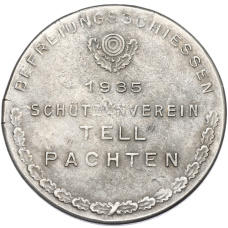Медаль в честь присоединения Саара 1935 года Германия (союз стрелков Телл Пахтен) «Освободительная стрельба» (реверс)