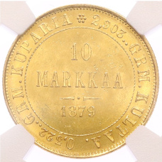 Монета 10 марок 1879 года Русская Финляндия — в слабе NGC (MS63) (аверс)