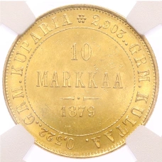 Монета 10 марок 1879 года Русская Финляндия — в слабе NGC (MS63) (аверс)