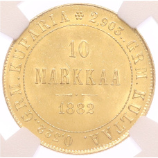 Монета 10 марок 1882 года Русская Финляндия — в слабе NGC (MS62) (аверс)