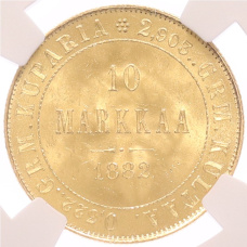 Монета 10 марок 1882 года Русская Финляндия — в слабе NGC (MS64) (аверс)