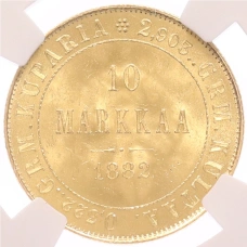 Монета 10 марок 1882 года Русская Финляндия — в слабе NGC (MS64) (аверс)