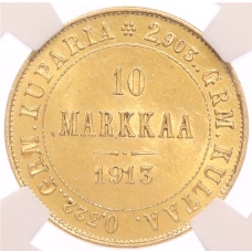 Монета 10 марок 1913 года Русская Финляндия — в слабе NGC (MS62) (аверс)