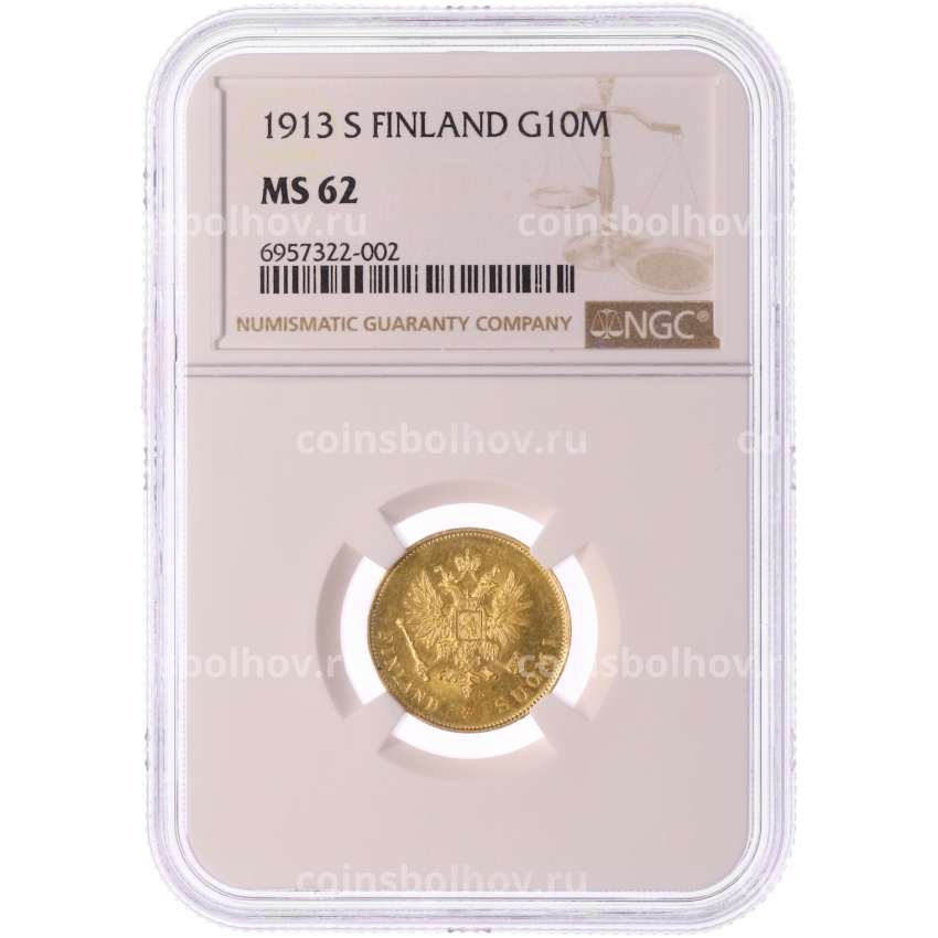 Монета 10 марок 1913 года Русская Финляндия — в слабе NGC (MS62) (вид 3)