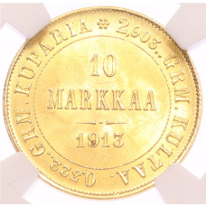 Монета 10 марок 1913 года Русская Финляндия — в слабе NGC (MS64) (аверс)