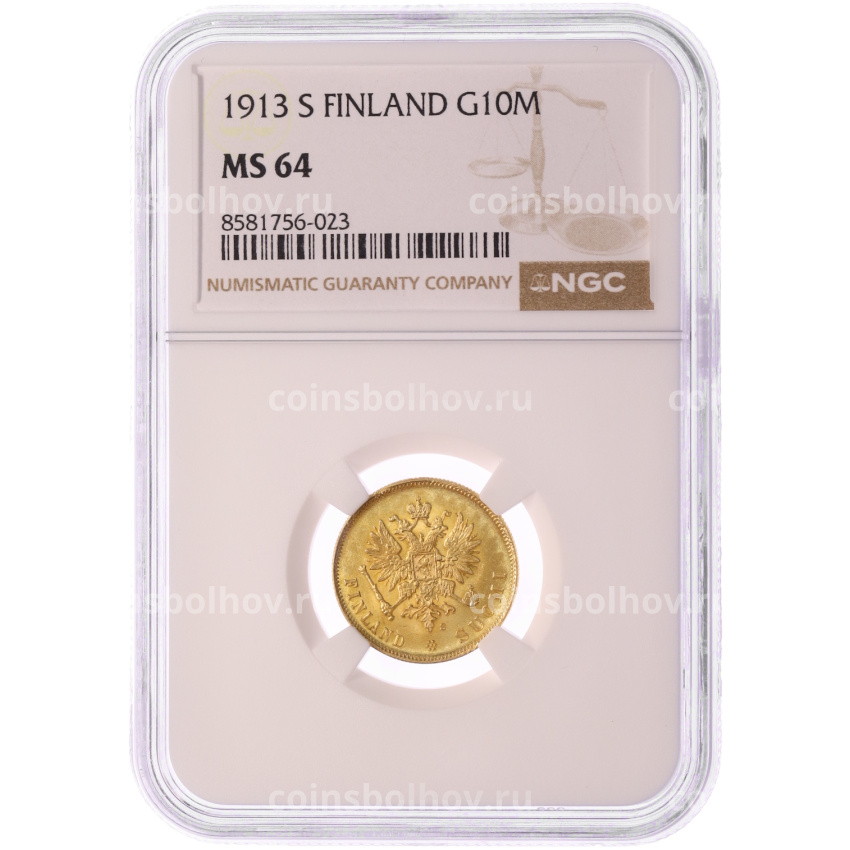 Монета 10 марок 1913 года Русская Финляндия — в слабе NGC (MS64) (вид 3)