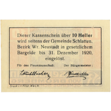 Банкнота 10 геллеров 1920 года Австрия — община Шлаттен (Нотгельд) (вид 2)