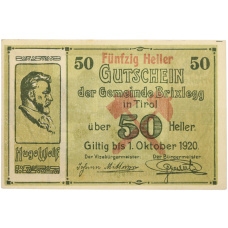 Банкнота 50 геллеров 1920 года Австрия — община Брикслегг в Тироле (Нотгельд)