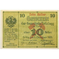 Банкнота 10 геллеров 1920 года Австрия — община Брикслегг в Тироле (Нотгельд)