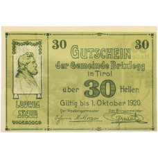 Банкнота 30 геллеров 1920 года Австрия — община Брикслегг в Тироле (Нотгельд) (аверс)
