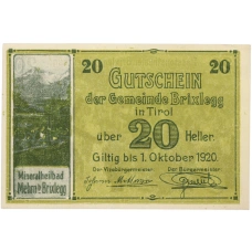 Банкнота 20 геллеров 1920 года Австрия — община Брикслегг в Тироле (Нотгельд)