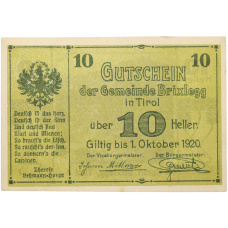 Банкнота 10 геллеров 1920 года Австрия — община Брикслегг в Тироле (Нотгельд)